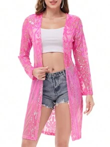 Women's Sparkly Sequin Cardigan Long Sleeve Open Front Glitter Kimono - 粉色 - View 1