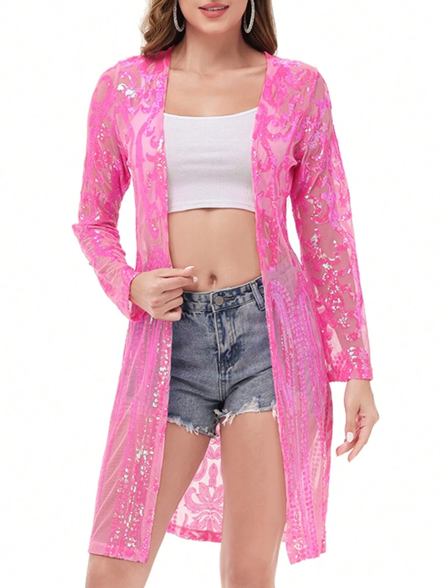 Women's Sparkly Sequin Cardigan Long Sleeve Open Front Glitter Kimono - 粉色 - View 1