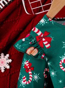 Vestido de Malha com Bainha Bufante Estampa de Menino de Neve e Floco de Neve do Natal para Meninas, com Cinto - Verde Escuro - Visão 5