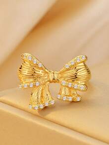 1 chiếc nhẫn nơ đính đá Zirconia màu vàng, thiết kế thủ công tinh xảo, nhẫn thời trang đa năng và hợp thời trang - Vàng - Xem 2