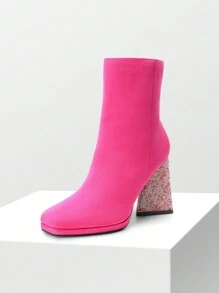 Women's Square Toe Faux Suede Rhinestones Chunky Heels Ankle Boots With Side Zipper Easy To Put On And Take Off Atex Insole Keeps Your Feet Comfortable Throughout The Day Party And Christmas - 玫紅色 - 查看 5