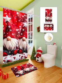 1/2/3/4 Pieces Three Christmas Gnomes Pattern Digital Printed Waterproof Shower Curtain, Bathroom Set, Bathroom Non-Slip Mat, Toilet U-Mat, Toilet Cover, Comes With 12 Hooks And 1 Shower Globe, Perfect Christmas Gift For Yourself And Your Family, Multiple Sizes Available! Home Bathroom Decor Fall Decor Bathroom Accessories Back To School