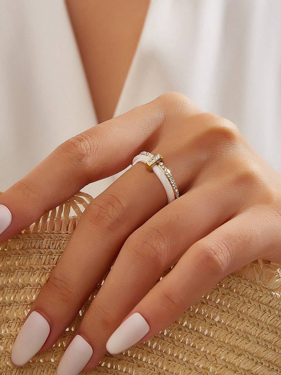 1pc 18K Gold Plated Stainless Steel Cubic Zirconia Ceramic Ring, Women Jewelry, Wedding Party Date Gift - White Gold - View 1