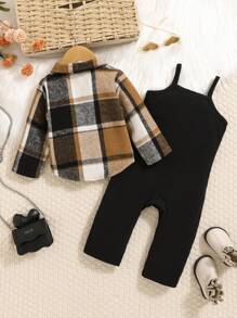 Baby Girl Cute Plaid Faux Pocket Jacket With Black Overall Jumpsuit, Autumn/Winter
