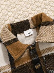 Baby Girl Cute Plaid Faux Pocket Jacket With Black Overall Jumpsuit, Autumn/Winter