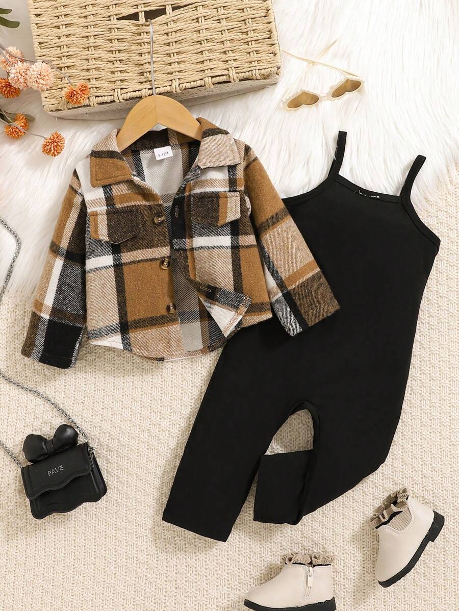Baby Girl Cute Plaid Faux Pocket Jacket With Black Overall Jumpsuit, Autumn/Winter