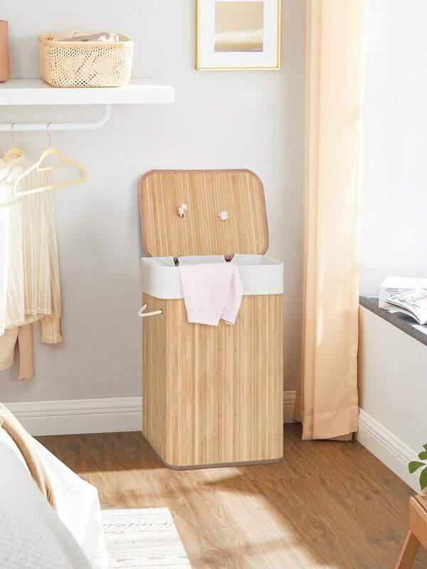 SONGMICS Panier à Linge avec Couvercle 72L, Corbeille à Linge en Bambou, Pliable, avec Sac Amovible Lavable, Poignées, pour Buanderie, Chambre, Couleur Boisée