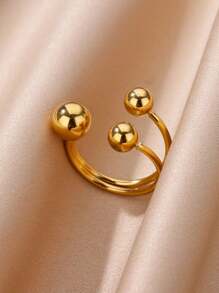 不对称珠不锈钢戒指 男女款 开口可调节 金色粗圆球戒指 简约防水珠宝 - 金黃色 - 查看 6
