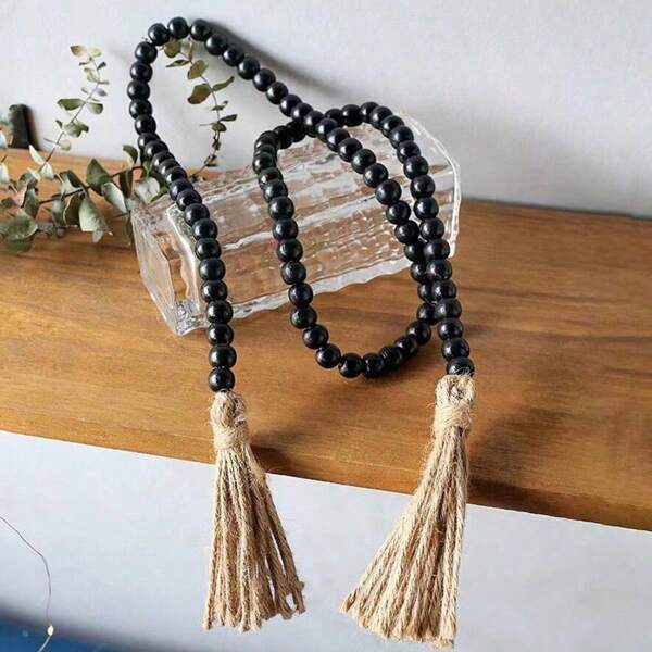 1pc Black 12mm Wooden Bead & Tassel String With Jute Rope Home Decoration Hanging Ornament For Living Room, Dining Room, Window, Handcrafted Diy Material Best Gifts Birthday Graduation