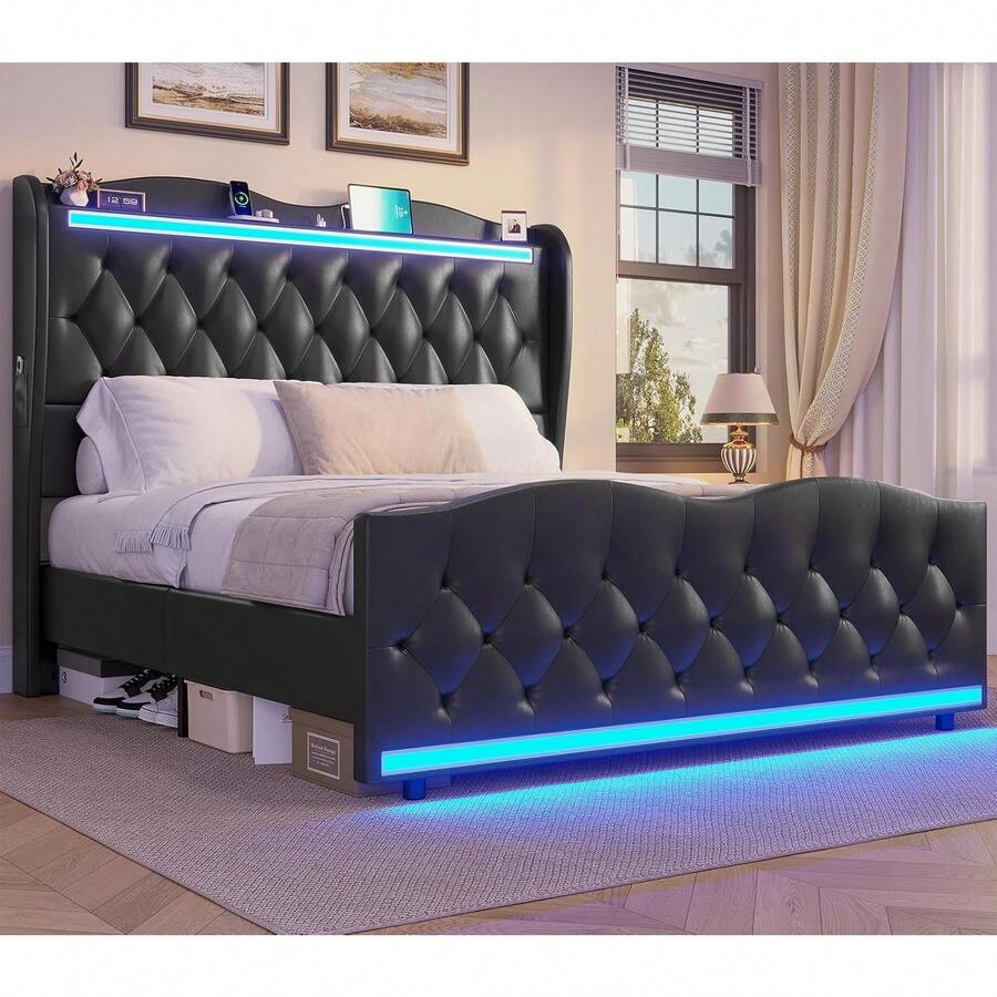 LED Bed Frame Queen Size With Tall Headboard Footboard, Charging