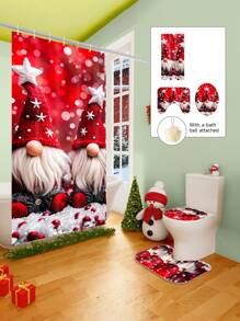 1/2/3/4 Pieces Three Christmas Gnomes Pattern Digital Printed Waterproof Shower Curtain, Bathroom Set, Bathroom Non-Slip Mat, Toilet U-Mat, Toilet Cover, Comes With 12 Hooks And 1 Shower Globe, Perfect Christmas Gift For Yourself And Your Family, Multiple Sizes Available! Home Bathroom Decor Fall Decor Bathroom Accessories Back To School