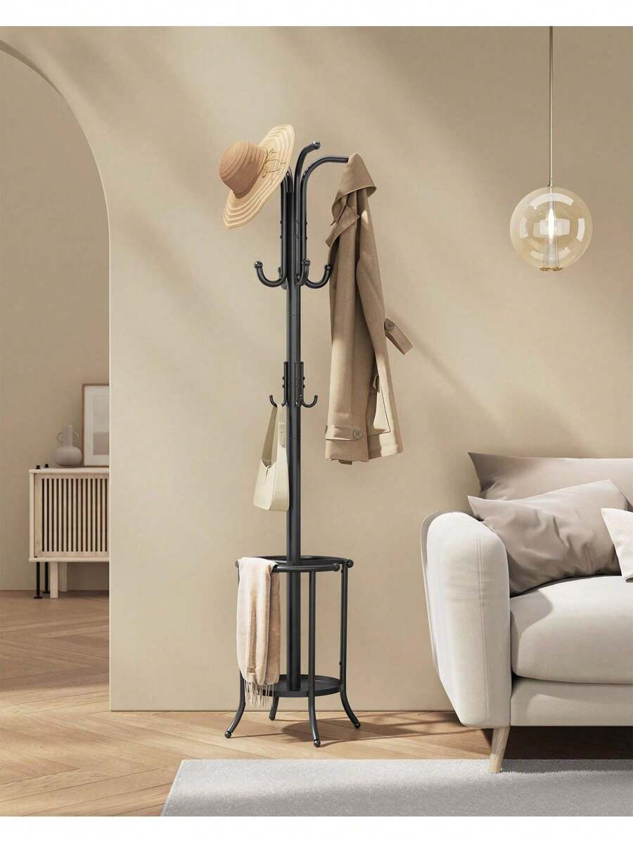 SONGMICS Perchero, Perchero con Paragüero, 12 Ganchos, Estructura Metálica, 175 cm de Alto, para Entrada, Salón, Dormitorio, Negro Tinta, Regalo de Navidad
