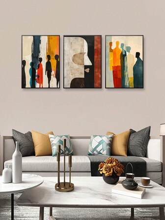 3 件复古水彩人物线条墙面装饰画抽象彩色人脸人物油画艺术海报适用于卧室客厅办公室装饰美学