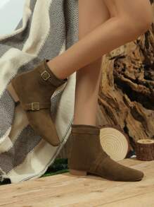 2024 Autumn Winter New Brown European American Fashion Chunky Heel Back Zipper Buckle Point Toe Suede Boots, Women's Adjustable Low Heel Short Western Boots - Brown - View 3