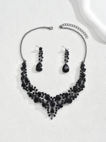 1 Paar Ohrringe + 1 Halskette elegantes Schmuckset mit eingelegtem schwarzem Zirkonia, Symbol für Schönheit und Eleganz, Partyaccessoires
