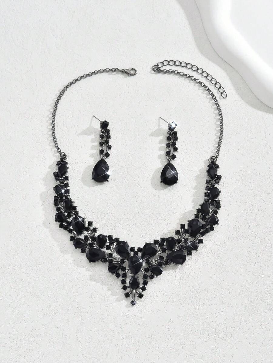 1 Paar Ohrringe + 1 Halskette elegantes Schmuckset mit eingelegtem schwarzem Zirkonia, Symbol für Schönheit und Eleganz, Partyaccessoires