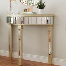 UNHO Mirrored Console Table, 90 X 35 X 80.5cm HD Glass Entryway Table, Half Round Sofa Side Table And Sturdy Square Column Legs For Patio, Living Room, Bedroom