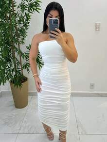 Women's Midi Long Ruched Strapless Dress With Cup - 白色 - 查看 1