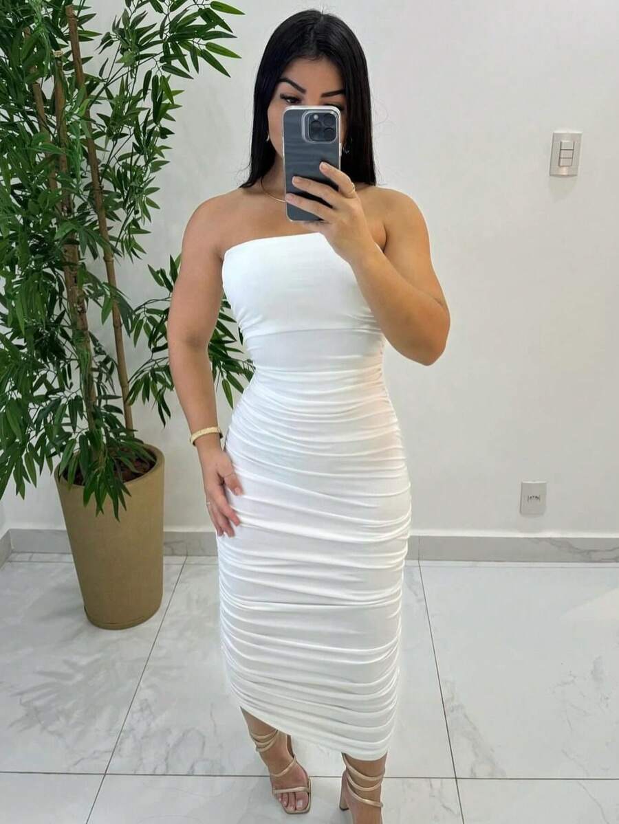 Women's Midi Long Ruched Strapless Dress With Cup - 白色 - 查看 1