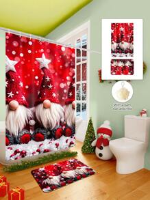 1/2/3/4 Pieces Three Christmas Gnomes Pattern Digital Printed Waterproof Shower Curtain, Bathroom Set, Bathroom Non-Slip Mat, Toilet U-Mat, Toilet Cover, Comes With 12 Hooks And 1 Shower Globe, Perfect Christmas Gift For Yourself And Your Family, Multiple Sizes Available! Home Bathroom Decor Fall Decor Bathroom Accessories Back To School