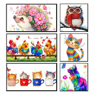 1set Animal Series Hedgehog, Owl, Cat Printed Cross Stitch Kit, Decorative Painting, Embroidery Starter Kit For Beginners, 11CT Evenweave, 3-Strand Floss