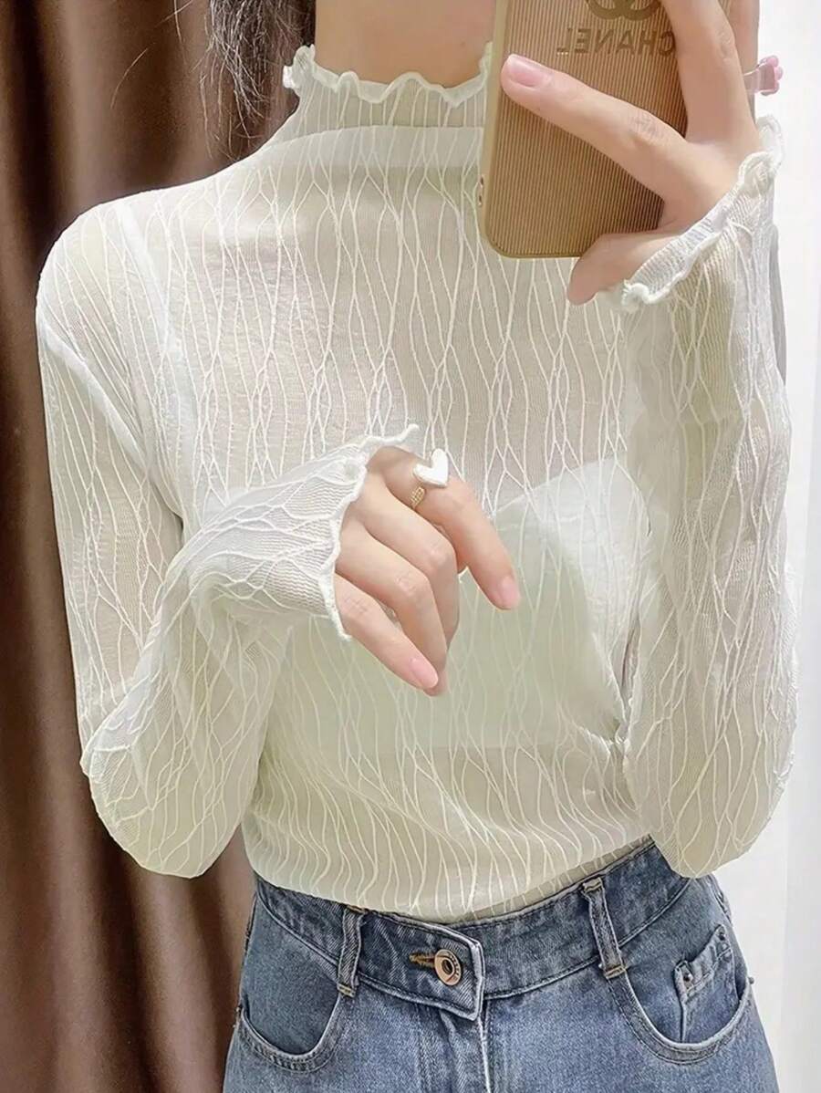 Women High Collar Long Sleeve Lace Blouse With Ruffle Trim Sheer Mesh Top - Apricot - View 1