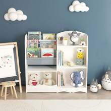 Binlin Children's Book And Toy Storage Organizer With 3 Bins And 3 Shelves, White & Gray, Kids' Room Bookshelf For Easy Organization, 31.5" H X 33.7" W X 10.2" D, White