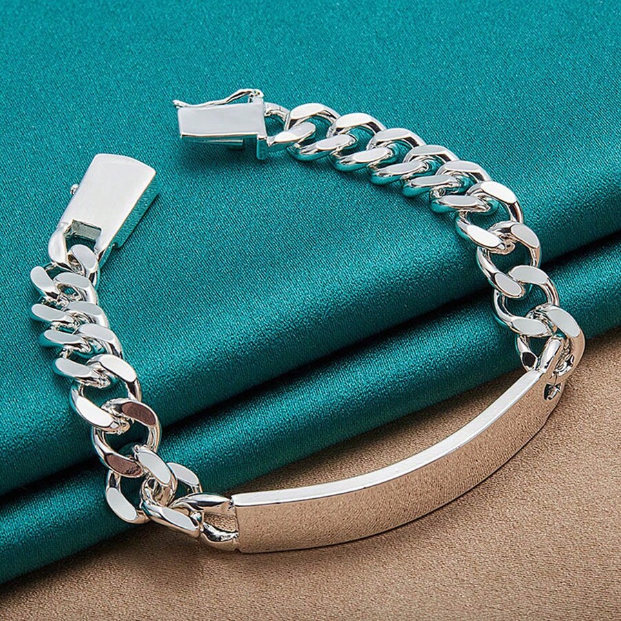 925 Silver Plated White Copper Bracelet For Men – Funky Style 10MM Chain Link With Curved Long Plate – Elegant Gift For The Minimalist Man - Silver - View 1