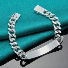 925 Silver Plated White Copper Bracelet For Men – Funky Style 10MM Chain Link With Curved Long Plate – Elegant Gift For The Minimalist Man - Silver - View 4