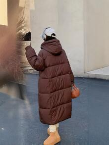 Hooded Long Over The Knee Women's Loose And Thick Winter Jacket - Coffee Brown - View 2
