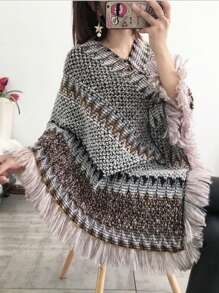 1pc Herringbone Tassel Shawl, Shawl Cape, Fashion Versatile Travel Poncho, Warm Scarf Wrap - Herringbone Fringed Shawl - View 5
