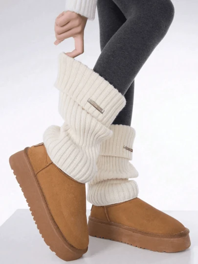 1 Pair Plain Street Style Casual Acrylic Knitted Fold Over Metal Tag Leg Warmers, Y2K Thick & Warm, Suitable For Autumn/Winteraccessories For Women
