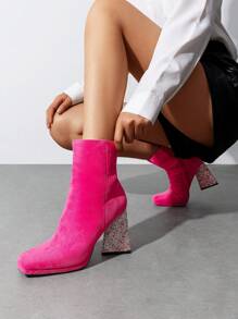 Women's Square Toe Faux Suede Rhinestones Chunky Heels Ankle Boots With Side Zipper Easy To Put On And Take Off Atex Insole Keeps Your Feet Comfortable Throughout The Day Party And Christmas - 玫紅色 - 查看 1