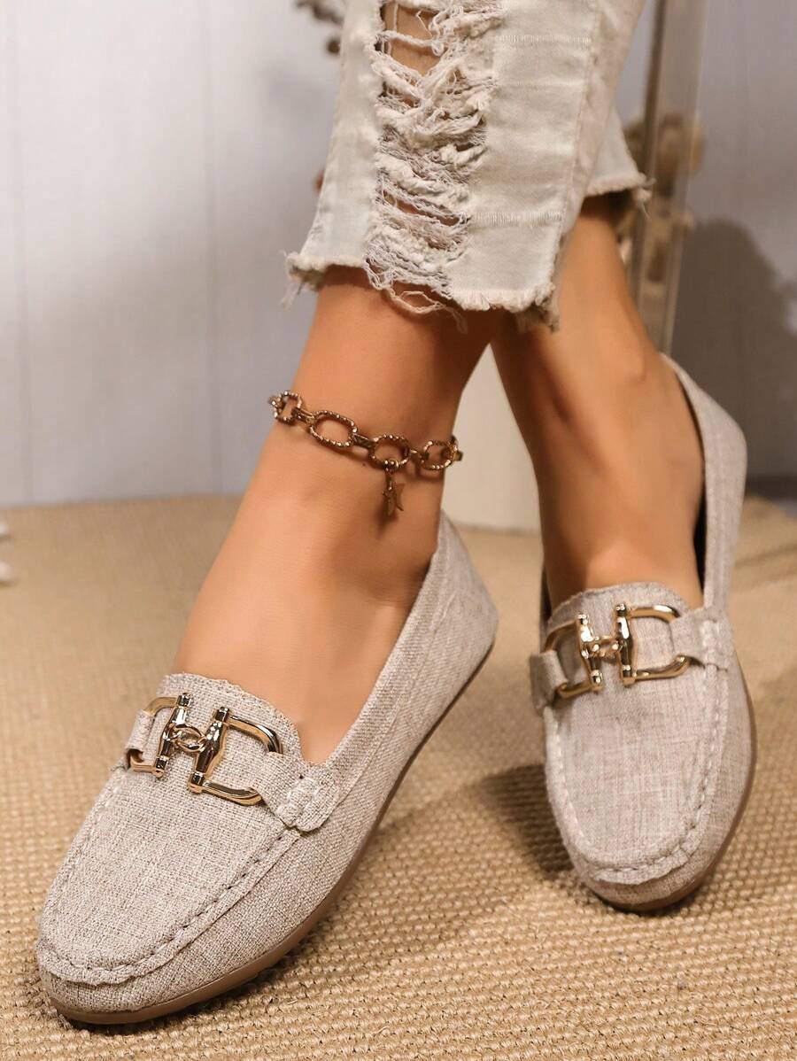 Nuevos mocasines informales/de uso diario planos tipo bailarina de talla grande, de lino color caqui sólido, con cierre deslizante y hebilla metálica, punta redonda, de tela transpirable con parche, encaje hecho a mano, calzado de ocio para damas, adecuado para primavera/verano/todas las estaciones
