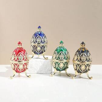 1pc Enamel Alloy Egg Shaped Jewelry Box, Green English Style Russian Egg Jewelry Box, Colorful Egg Shaped Jewelry Box, Russian Rhinestone European Style Home Decor