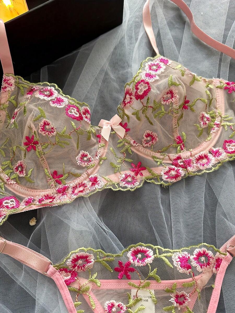 Floral Embroidery Sheer Lingerie Set For Women, Elegant Bra + Panty