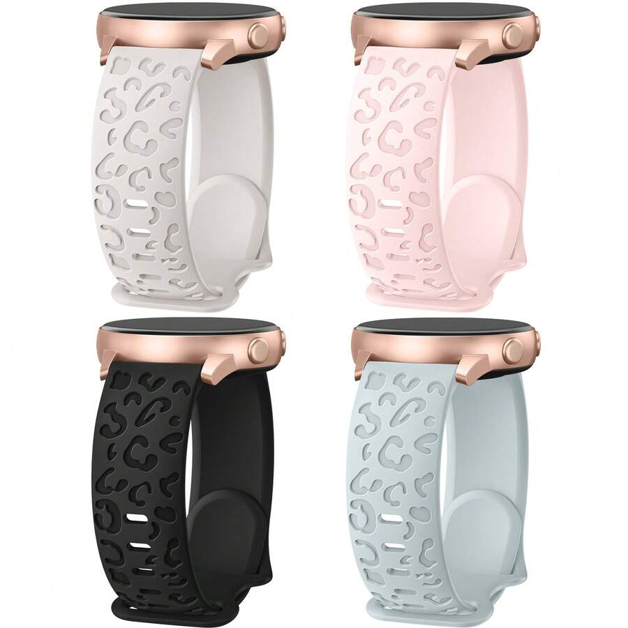 Unbeinst 4 条/包 20 毫米豹纹雕花硅胶表带，防水运动表带，兼容三星 Galaxy Watch 5/4（40 毫米 44 毫米）/Galaxy Watch 5 Pro（45 毫米）/Galaxy Active 2/Galaxy Watch 3 - 黑色/多肉/亮粉/星光 - 查看 1