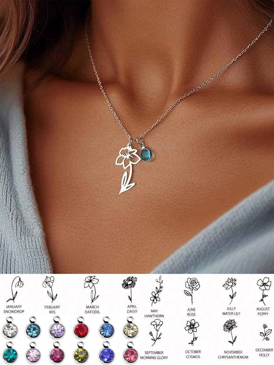 suteyi Dây chuyền đá quý sinh nhật hoa dành cho nữ Dây chuyền tháng sinh hoa bằng thép không gỉ bạc Dây chuyền sinh nhật tinh tế 1-12 Mặt dây chuyền đá quý sinh nhật Dây chuyền xích cổ Trang sức sinh nhật cá nhân Ngày lễ tình nhân - Nhiều màu - Xem 1