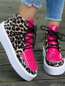 Women's Round Toe Thick Bottom Flat Leopard Print Lace Up Short Boots, Casual Fashion Versatile Height Increasing Ankle Boots - Red - View 5