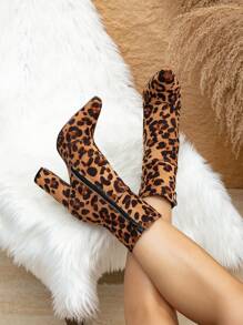 Leopard Print Faux Suede Side Zipper Fashion Pointed Toe Daily Versatile Chunky Heel Mid-Calf Boots For Women, Multi-Colored Leopard Print Pattern Random