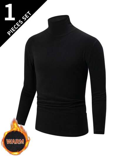 Reversible Fleece High Collar Long Sleeve T-Shirt For Men, Thick Warm Casual Base Layer Pullover Sweatshirt Tops For Autumn Winter