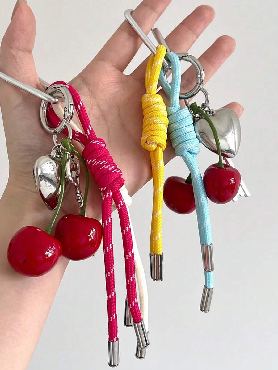 Cherry Keychain Rope Charm, Couple Handwoven Lanyard, Large Cherry Bag