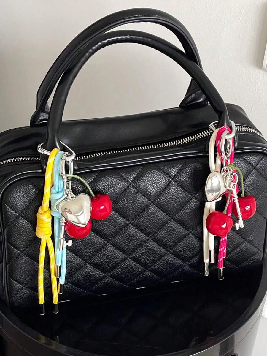 Cherry Keychain Rope Charm, Couple Handwoven Lanyard, Large Cherry Bag