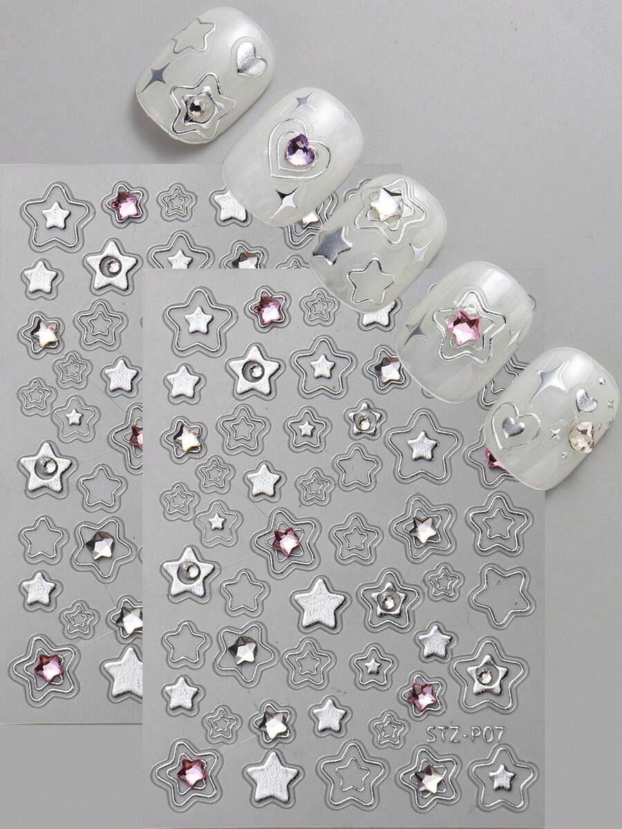 2 Miếng Dán Móng Tay Kim Cương Trong Suốt Màu Hồng 5D Ngôi Sao Vàng Bạc Sang Trọng Dành Cho Phụ Nữ Và Bé Gái Trang Trí Móng Tay - Bạc - Xem 1