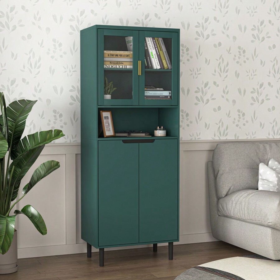 Tall Storage Bookcase With 2 Glass Display Door & 2 Doors, Tall Kitchen