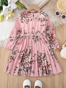 2 件装年轻女孩时尚休闲花卉印花荷叶边下摆长袖连衣裙，腰带，春秋季 - 粉色 - 查看 2