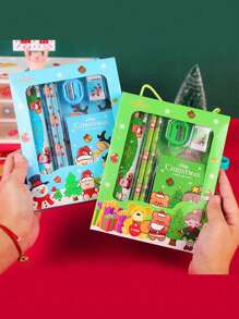1 套/24 件/6 件圣诞文具礼盒，学生 6 件用品包括铅笔、尺子、卷笔刀、记事本、橡皮擦、圣诞节和新年礼物，颜色随机，随机圣诞铅笔颜色返校