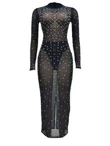 Spice Girls Round Neck Long Sleeve Sheer Mesh Glitter Rhinestone Long Cocktail Dinner Party Dresses - Black - View 6