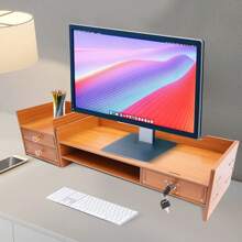 CNCEST Monitor Stand Riser, Wooden Heavy Duty Monitor Stand With 2 Shelves, Storage Compartment, Lockable Drawer, Computer/PC Monitor Riser, Office Organiser, Shelf, Laptop Riser - Wood - View 7