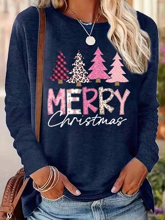 Christmas Tree & Slogan Graphic Round Neck Long Sleeve Women T-Shirt